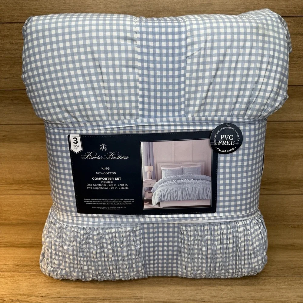 Brooks Brothers King Comforter Set 3 Pc Blue White Gingham Crinkled 100% Cotton
